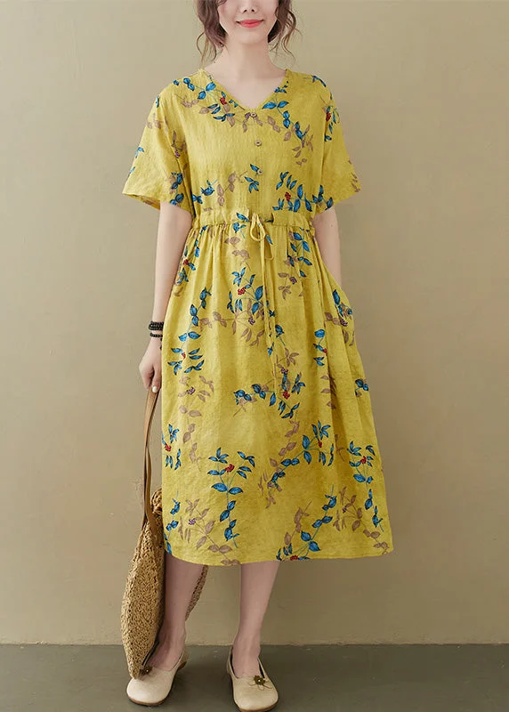 Yellow Drawstring Tie Waist Long Dress Summer Tunics Bridal satin