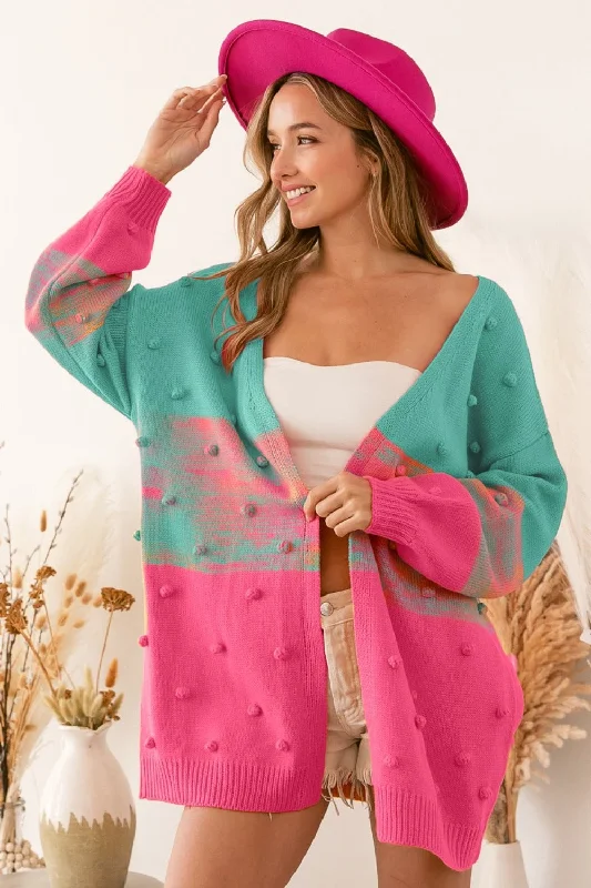 BiBi Color Block Ponpon Sweater Cardigan Collared Crew Neck Turtle Neck