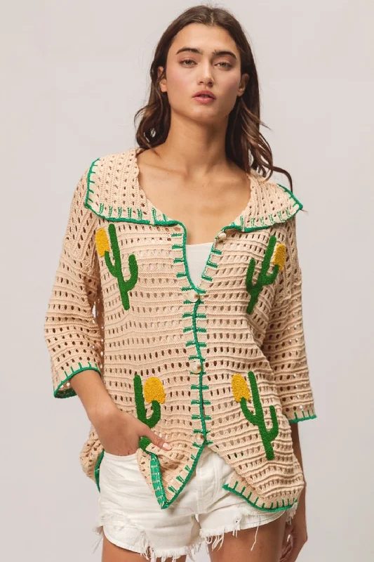 BiBi Edge Stitched Cactus Patch Sweater Cardigan Embroidered Appliqued Beaded