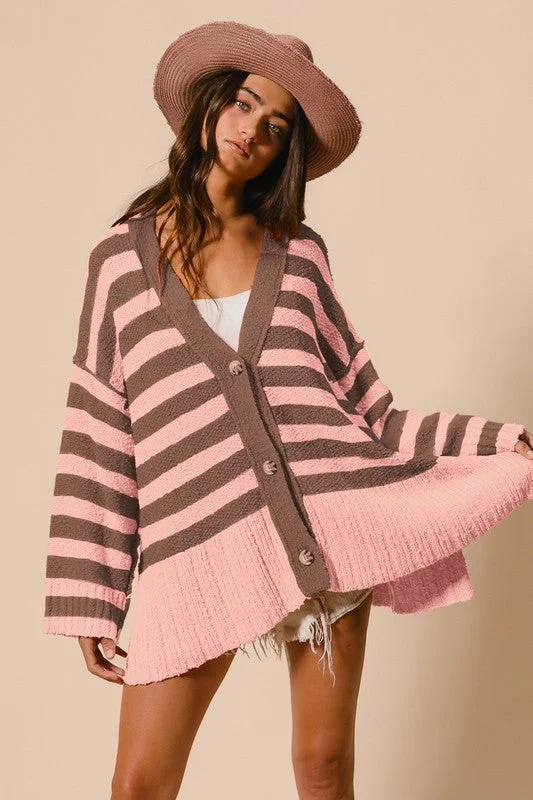 BiBi Slit Striped V-Neck Button Up Cardigan Modern Contemporary chic