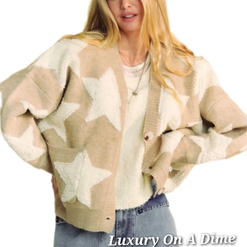 DAVI & DANI Teddy Fuzzy Sherpa Star Knit Cardigan Long Sleeve Oversized Button Sweater Iron Safe Non-Iron Wrinkle Free DAVI & DANI Teddy Fuzzy Sherpa Star Knit Cardigan Long Sleeve Oversized Button Sweater Iron Safe Non-Iron Wrinkle Free