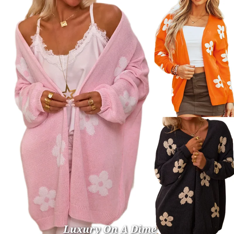 Retro Daisy Flower Color Contrasting Knit Open Front Long Sleeve Cardigan 70s Floral Casual Formal Business Retro Daisy Flower Color Contrasting Knit Open Front Long Sleeve Cardigan 70s Floral Casual Formal Business