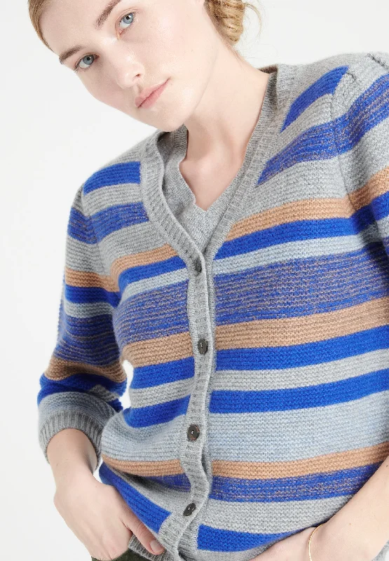 MIA 11 Cardigan col V en cachemire rayé à manches bouffantes 6 fils multi couleur Bright Pastel Dark MIA 11 Cardigan col V en cachemire rayé à manches bouffantes 6 fils multi couleur Bright Pastel Dark