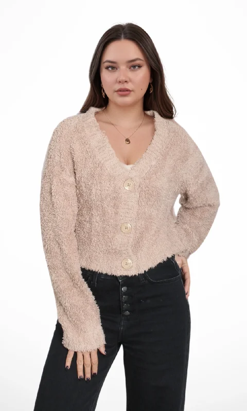 Original Women Fluffy Crop Cardigan (Café) Boxy Cardigan Fitted Cardigan A-Line