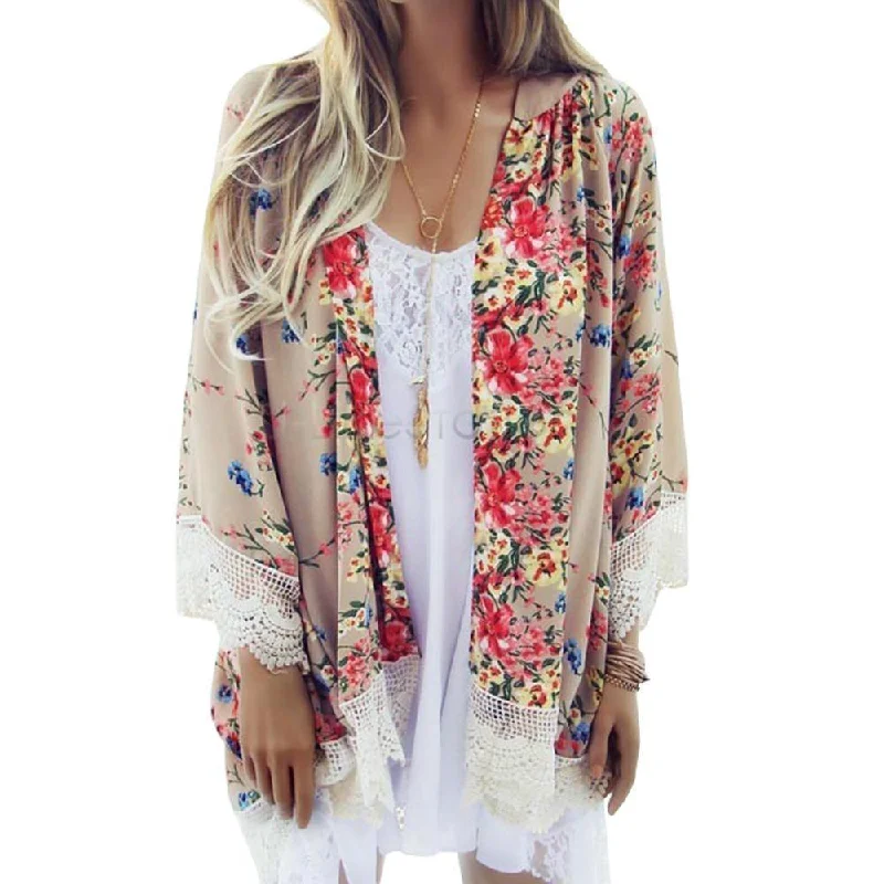 Women's Floral Patterned Kimono Cardigan  Top With Batwing Sleeves And Tassels Zippered Buttoned Snapped
