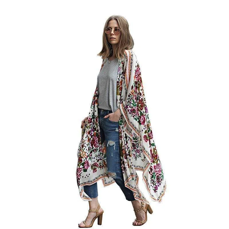 Women's Long Floral Patterned Chiffon Kimono Cardigan. Perfect as a beach Cover-up Hooded Caped Shawl Collar Women's Long Floral Patterned Chiffon Kimono Cardigan. Perfect as a beach Cover-up Hooded Caped Shawl Collar
