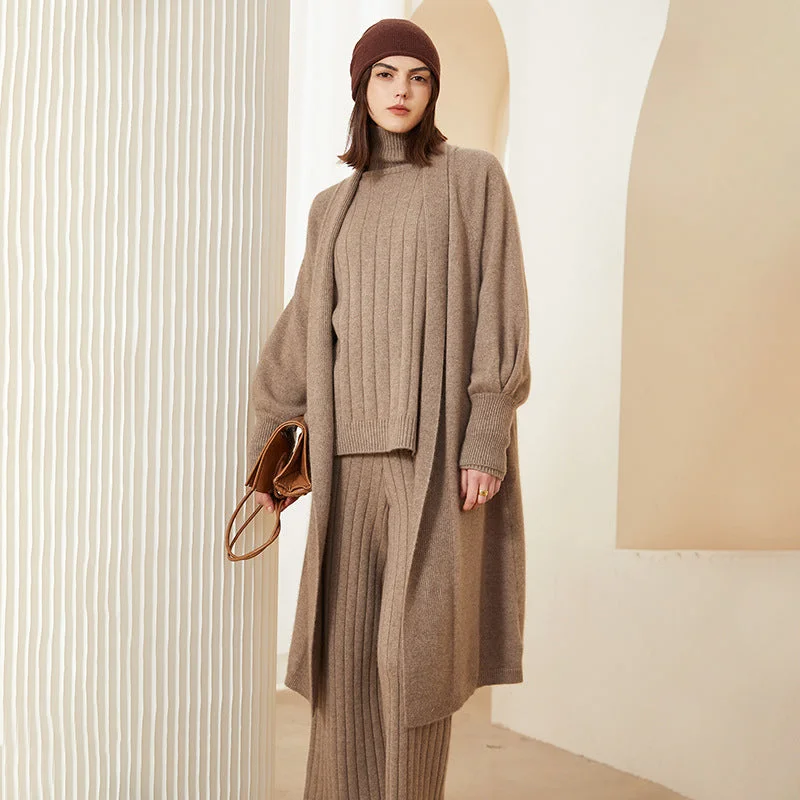 100% Pure Women's Cashmere Coat Open Front Mid-Length Loose Long Sleeve Cashmere Cardigan with Pocket Fitted Slim Tailored