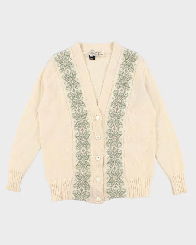 90s Vintage Women's Cream Cardigan - M Beaded Cardigan Sequined Faux Fur