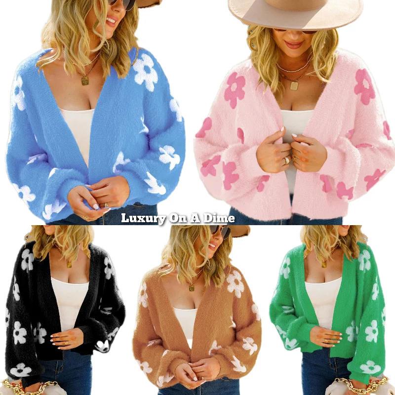 Fuzzy Soft Knit Daisy Flower Print Open Front Color Contrasting Cardigan Sweater Terry Terry Cloth Terry Knit