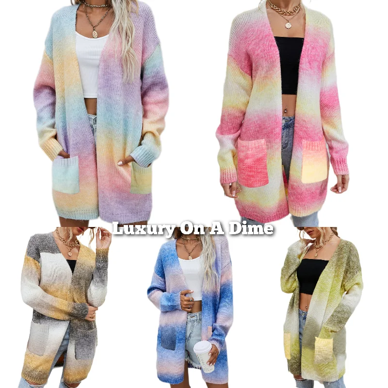 Retro Knit Longline Cardigan Colorful Ombre Patch Pocket Open Sweater Duster Lightweight Heavyweight Midweight Retro Knit Longline Cardigan Colorful Ombre Patch Pocket Open Sweater Duster Lightweight Heavyweight Midweight