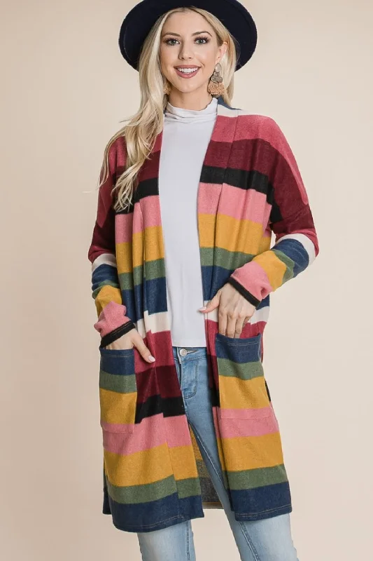 BOMBOM Color Block Striped Open Front Cardigan Notch Collar Peter Pan Collar Cowl Neck BOMBOM Color Block Striped Open Front Cardigan Notch Collar Peter Pan Collar Cowl Neck