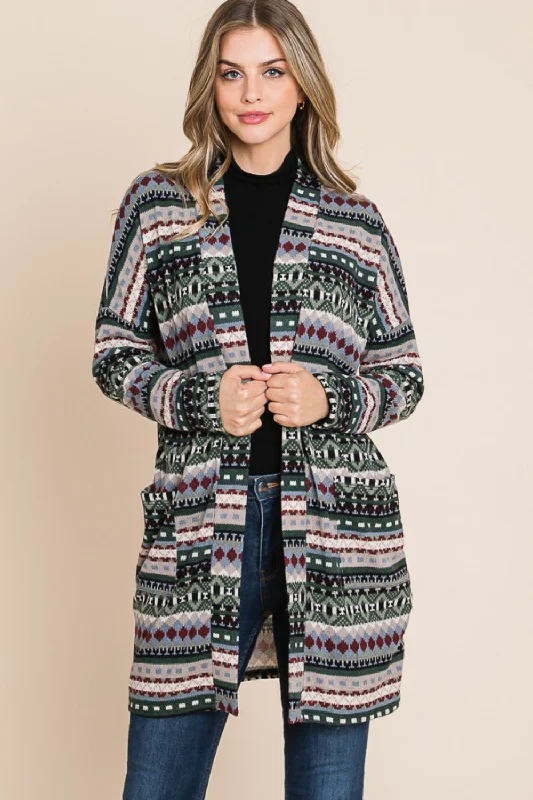 BOMBOM Geometric Open Front Long Sleeve Cardigan with Pockets Toggled Drawstring Belted BOMBOM Geometric Open Front Long Sleeve Cardigan with Pockets Toggled Drawstring Belted
