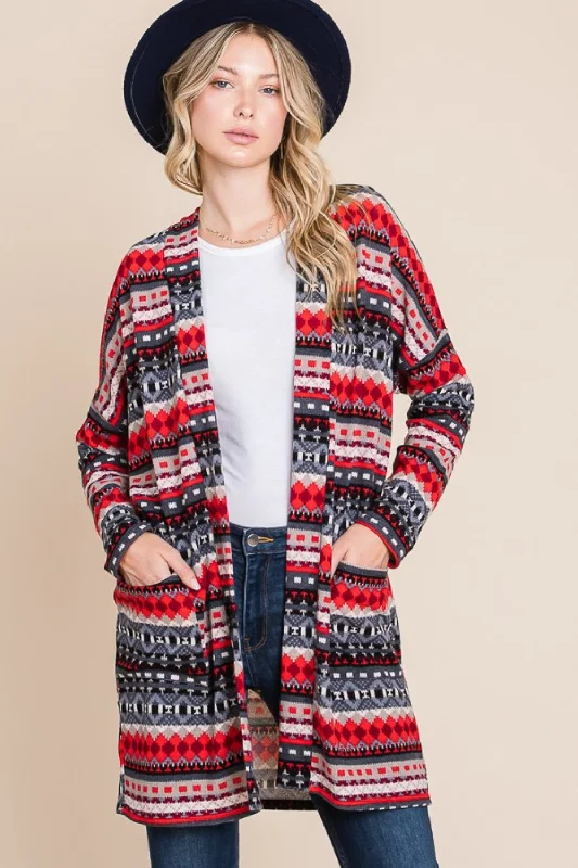 BOMBOM Geometric Open Front Long Sleeve Cardigan with Pockets Elasticated Padded Insulated BOMBOM Geometric Open Front Long Sleeve Cardigan with Pockets Elasticated Padded Insulated