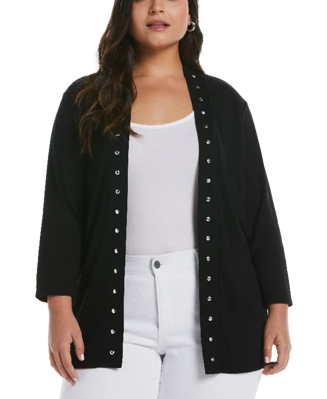 Plus Size Cardigan Sweater with Hardware Trim Mesh Fabric Canvas Fabric Denim Fabric Plus Size Cardigan Sweater with Hardware Trim Mesh Fabric Canvas Fabric Denim Fabric