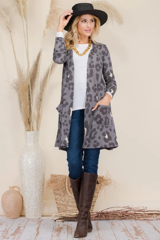Celeste Full Size Leopard Open Front Contrast Cardigan Soft Cozy Warm