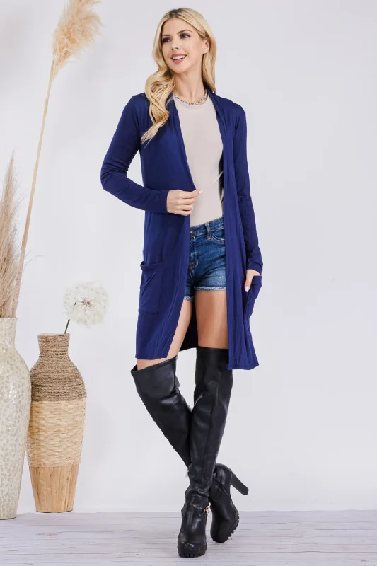 Celeste Full Size Open Front Cardigan with Pockets Spandex Blend Rayon Blend Denim Blend