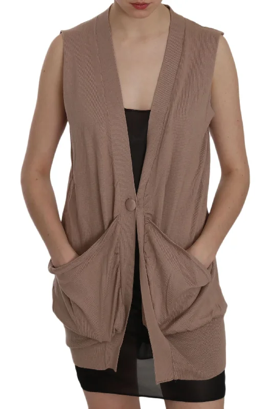 Chic Sleeveless Cotton Cardigan Vest - Elegant Brown Nylon Fabric Polyester Fabric Spandex Fabric Chic Sleeveless Cotton Cardigan Vest - Elegant Brown Nylon Fabric Polyester Fabric Spandex Fabric