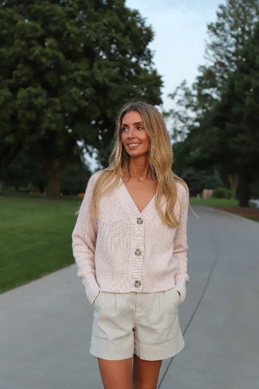 Tenlea Hunter - Cotton Tape V-Neck Cardigan in Rose Quartz Cable Knit Ribbed Knit Lace Knit Tenlea Hunter - Cotton Tape V-Neck Cardigan in Rose Quartz Cable Knit Ribbed Knit Lace Knit