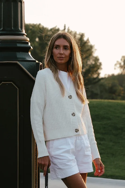 Tenlea Hunter - Cotton Tape V-Neck Cardigan in Bright White Boxy Cardigan Fitted Cardigan A-Line Tenlea Hunter - Cotton Tape V-Neck Cardigan in Bright White Boxy Cardigan Fitted Cardigan A-Line