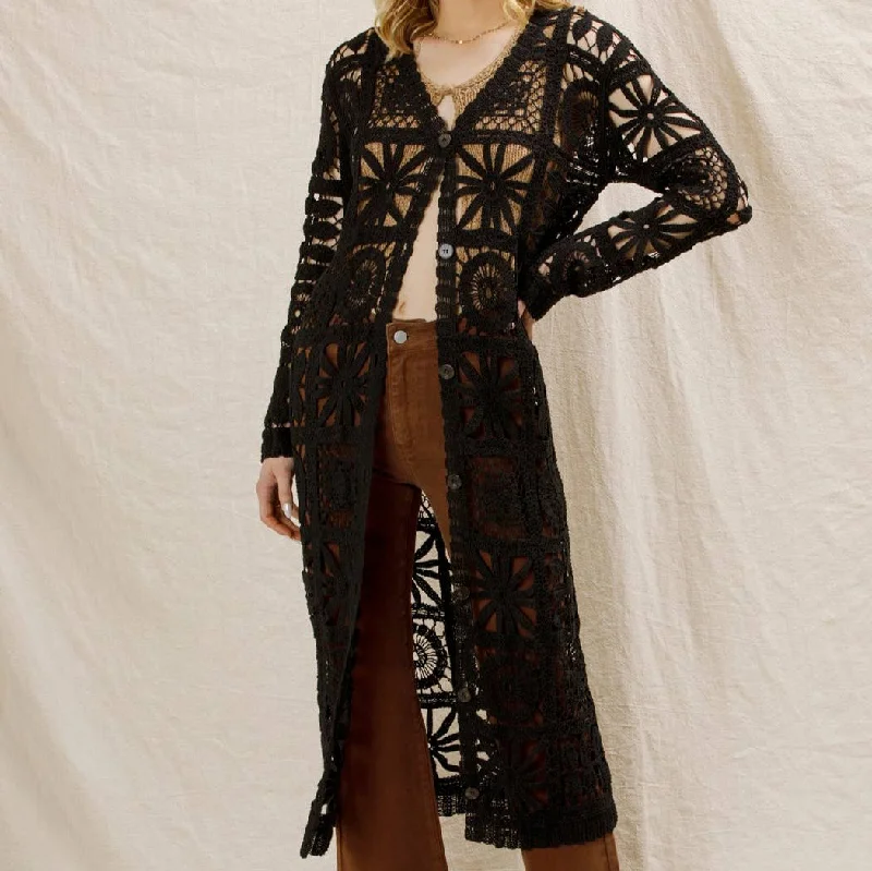 Black Lace Crochet Cardigan Duster Stretchy Elastic Breathable