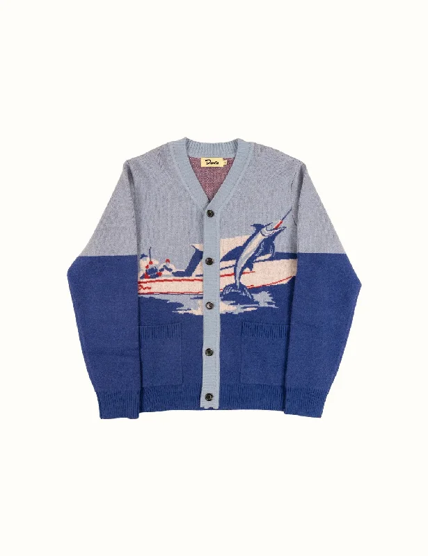 Duvin Deep Sea Marlin Cardigan Sweater - Blue Neon metallic Matte