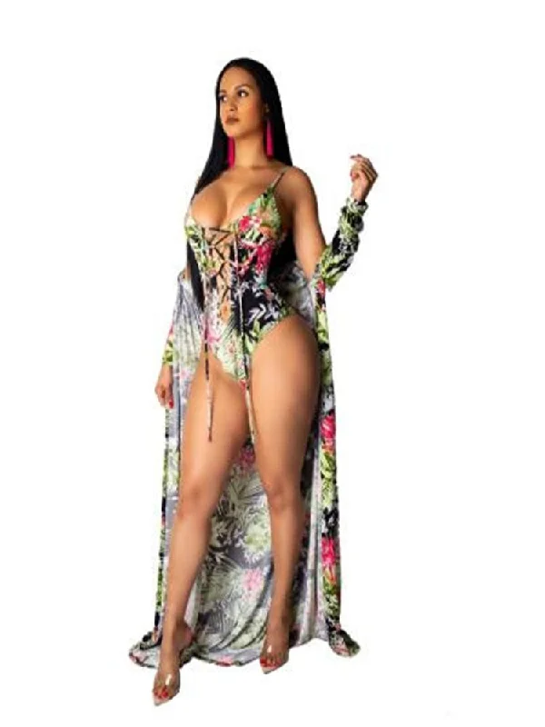 Fashion Print Floral Bikini 2pcs Cardigan Swimsuit Cover Up Sequined Glittery Shiny