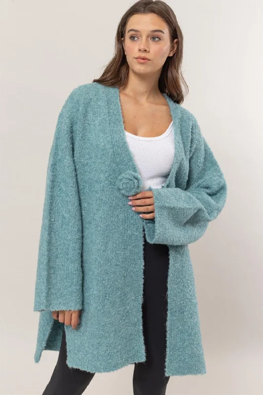 HYFVE Front Rosette Longline Slit Sweater Cardigan Stylish Fashionable Trendy