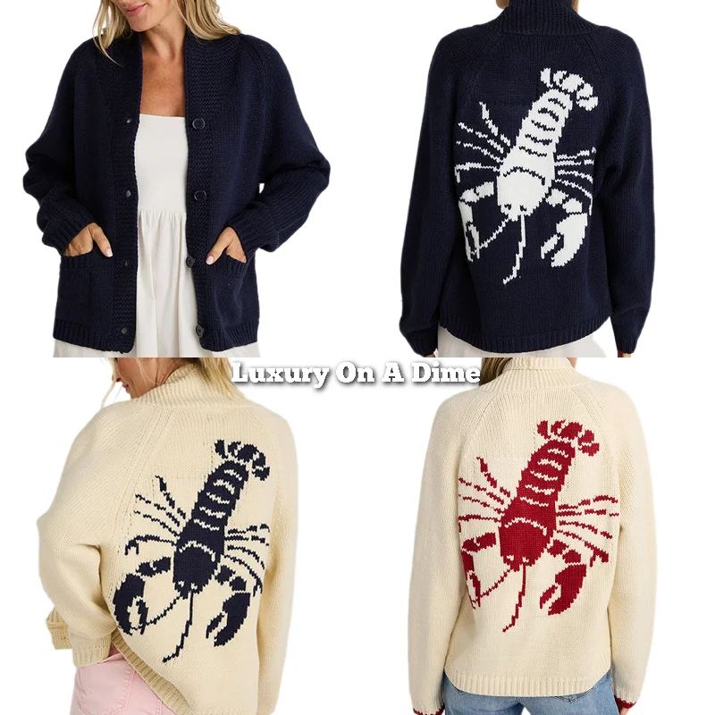 Contrasting Lobster Coastal Print Knit Cardigan Button Long Sleeve Patch Pocket Seamless Knitted Crochet Contrasting Lobster Coastal Print Knit Cardigan Button Long Sleeve Patch Pocket Seamless Knitted Crochet