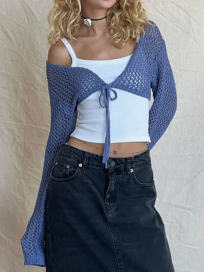 Openwork Tied Dropped Shoulder Cardigan Wool Fabric Cashmere Fabric Tweed Fabric