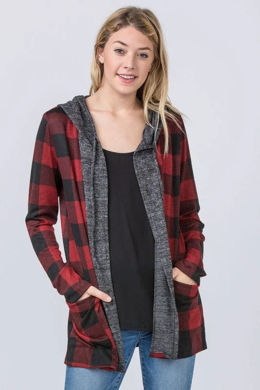 Plus Plaid Checker Print Cardigan with Hoodie Faux Fur Fabric Real Fur Fabric Shearling Fabric Plus Plaid Checker Print Cardigan with Hoodie Faux Fur Fabric Real Fur Fabric Shearling Fabric