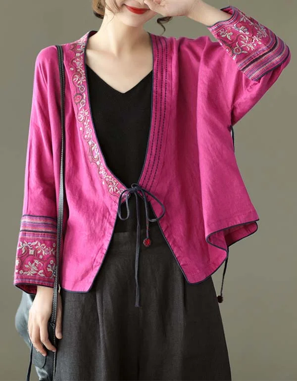 Retro Embroidered Short Linen Cardigan Long-sleeved Solid Color Striped Floral Print Retro Embroidered Short Linen Cardigan Long-sleeved Solid Color Striped Floral Print