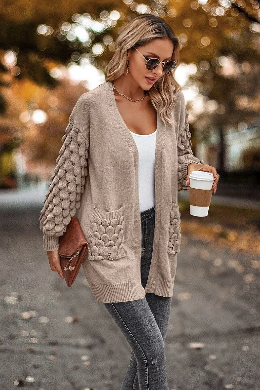 Solid Drop Shoulder Cardigan (Khaki) Fleece Fabric Down Fabric Feather Fabric