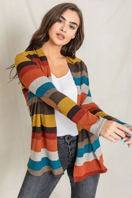 Stripe Elbow Patch Cardigan Fitted Slim Tailored
