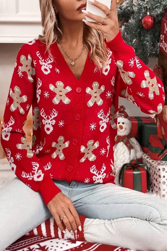 Snowflake V-Neck Cardigan (Red) Cotton Fabric Linen Fabric Terry Fabric