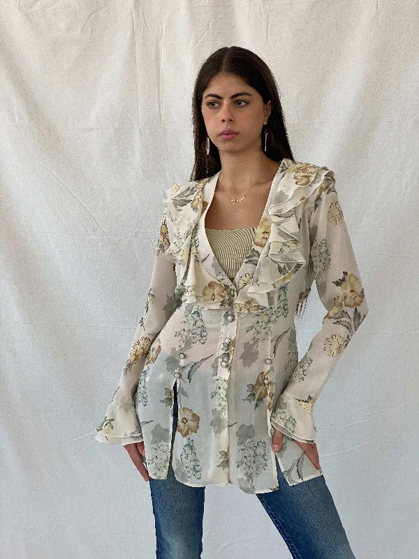 Vintage 90s Hanny London Semi Sheer Floral Cardigan with Ruffled Collar - L Mesh Fabric Canvas Fabric Denim Fabric Vintage 90s Hanny London Semi Sheer Floral Cardigan with Ruffled Collar - L Mesh Fabric Canvas Fabric Denim Fabric
