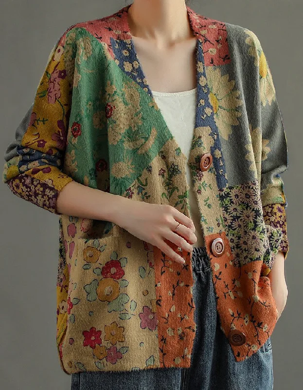 Vintage V-neck Floral Cotton Loose Knit Cardigan Herringbone Houndstooth Plaid