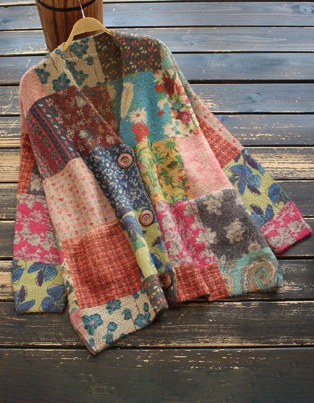 Vintage V-neck Printed Floral Loose Knit Cardigan Velvet Chenille Corduroy