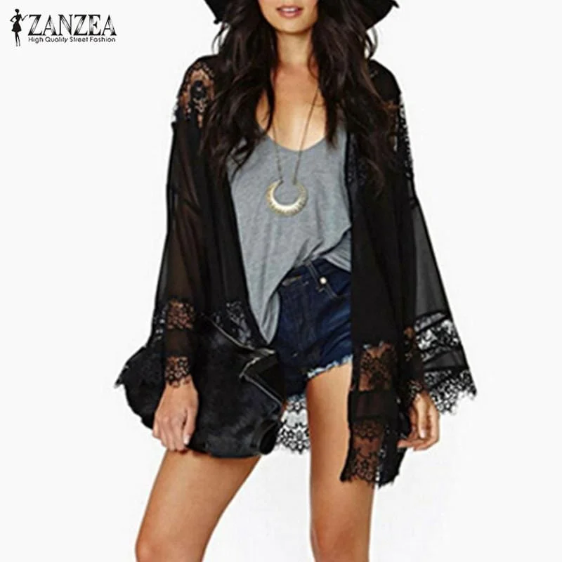 Women Lace and Chiffon kimono Cardigan Top Boat Neck Shawl Collar Notched Collar