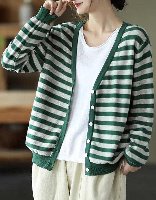 Women's Autumn Striped Knit Cardigan Ribbed Striped Patterned