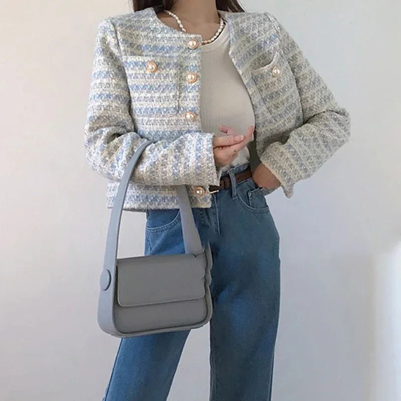 Women's Elegant Tweed Cardigan Autumn Winter Short Coat Mesh Cardigan Canvas Denim