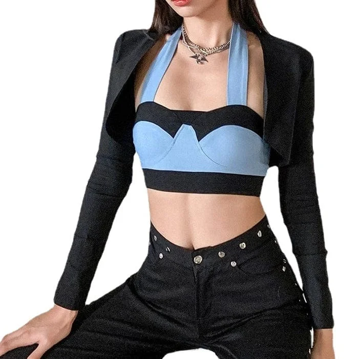 Women's Grunge Double Color Halter Top with Cardigan Lace Blend Ribbed Blend Corduroy Blend Women's Grunge Double Color Halter Top with Cardigan Lace Blend Ribbed Blend Corduroy Blend
