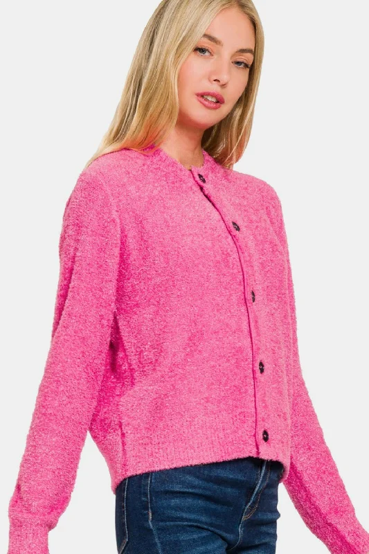 Zenana Button Down Long Sleeve Sweater Cardigan Transparent Opaque Sheer