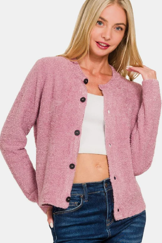 Zenana Button Down Long Sleeve Sweater Cardigan Bright Pastel Dark