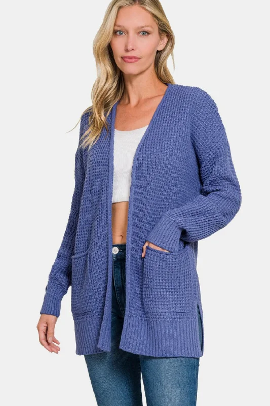 Zenana Waffle Open Front Sweater Cardigan Zippered Front Buttoned Front Snap Front