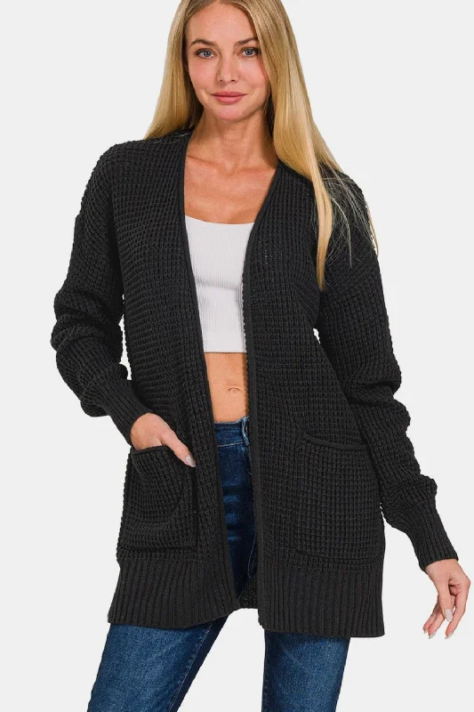 Zenana Waffle Open Front Sweater Cardigan Modern Contemporary chic